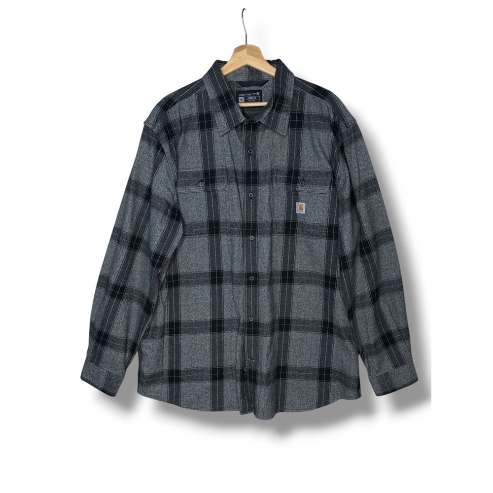 Carhartt Mens Loose Fit Heavyweight Flannel‎ Shirt Grey Black Plaid TW4451-M XL